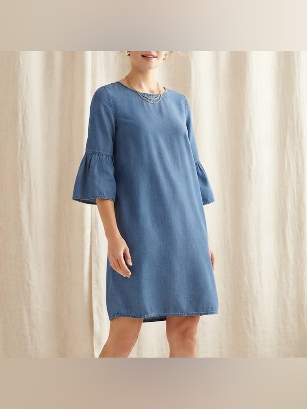George Blue Chambray Denim Dress Bell Sleeve Round Neck Casual Womens Size XL